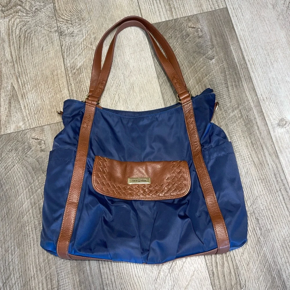 Lily Jade Navy blue brown leather Diaper bag convertible EUC
